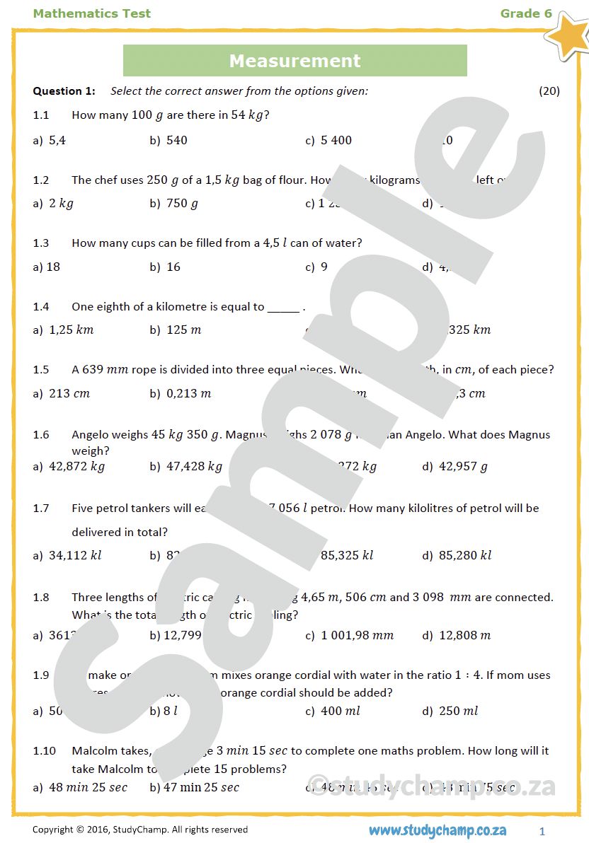 Grade 6 Maths Test: Measurement