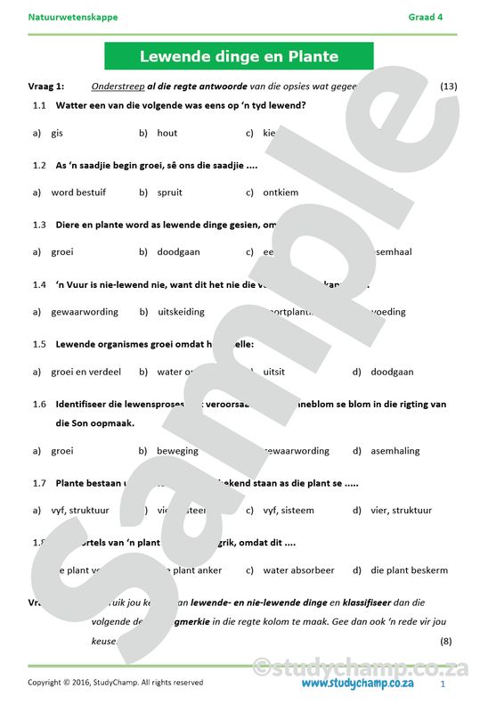 Graad 4 Natuurwetenskappe Toets: Lewende- en Nie-lewende dinge en Plante