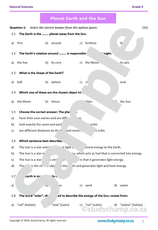Grade 4 Natural Sciences Test: Planet Earth and the Sun