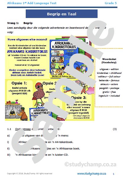 Grade 5 Afrikaans Toets: Begrip en Taal in konteks