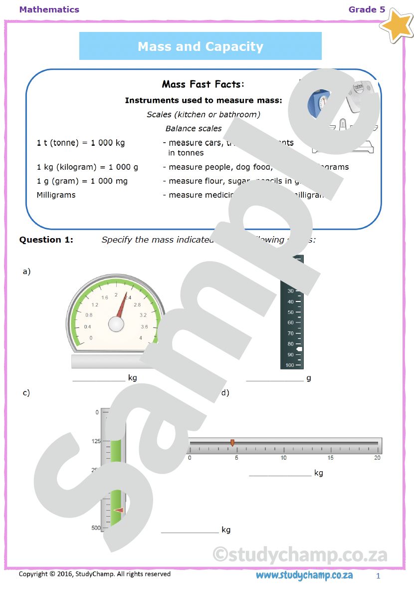 Grade 5 Mathematics Worksheet: Measurement - Mass and Capacity