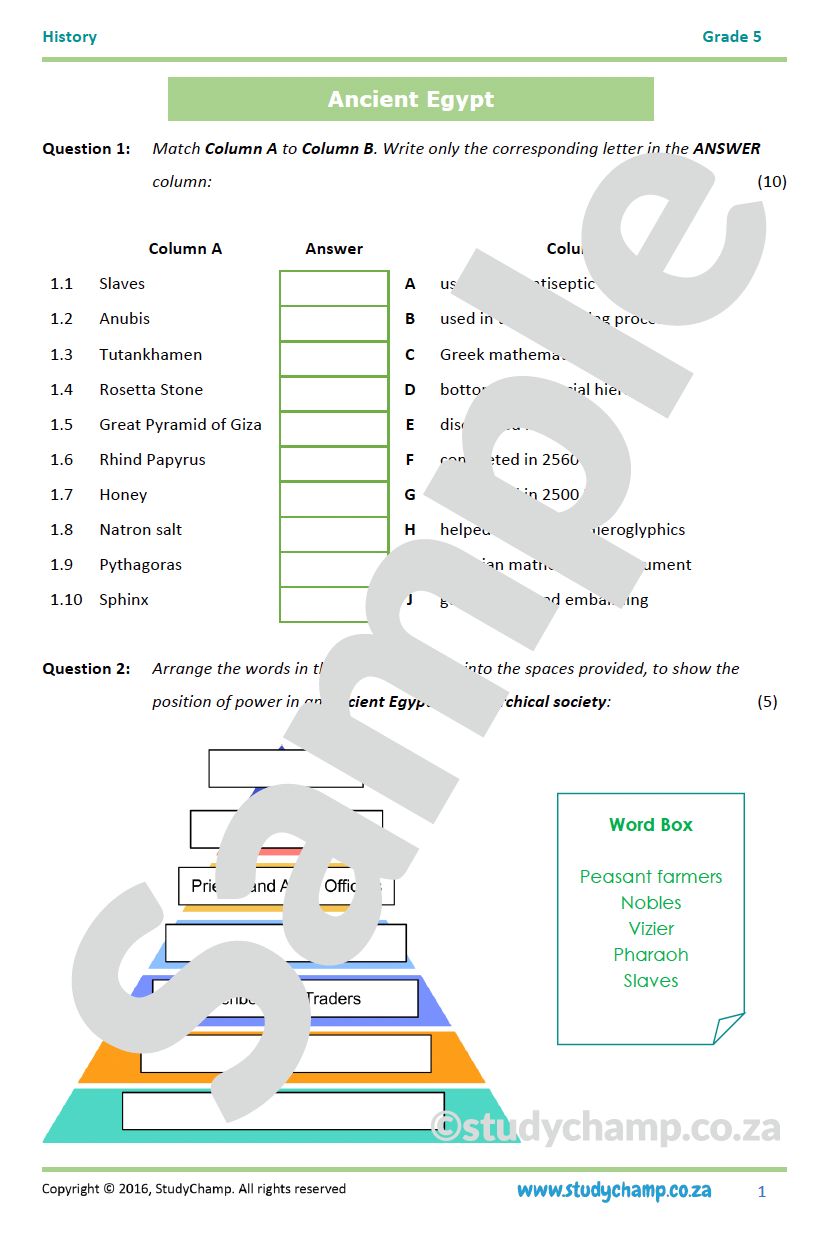 Grade 5 History Test: Ancient Egypt