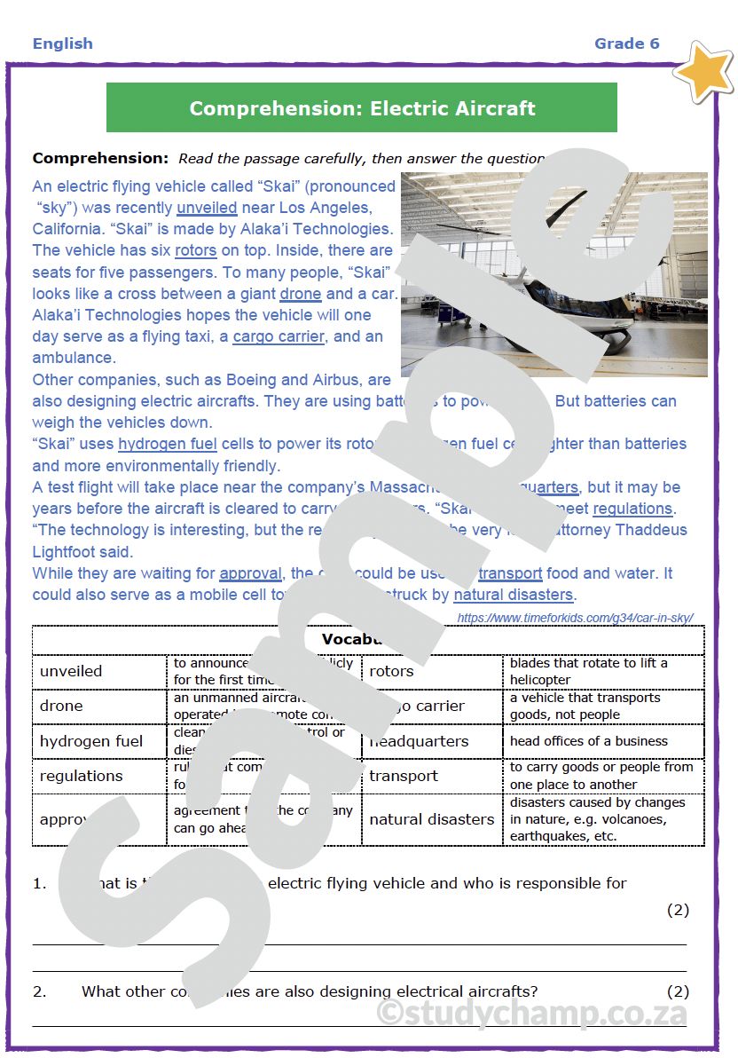 Grade 6 English Comprehension: Electric Aircraft