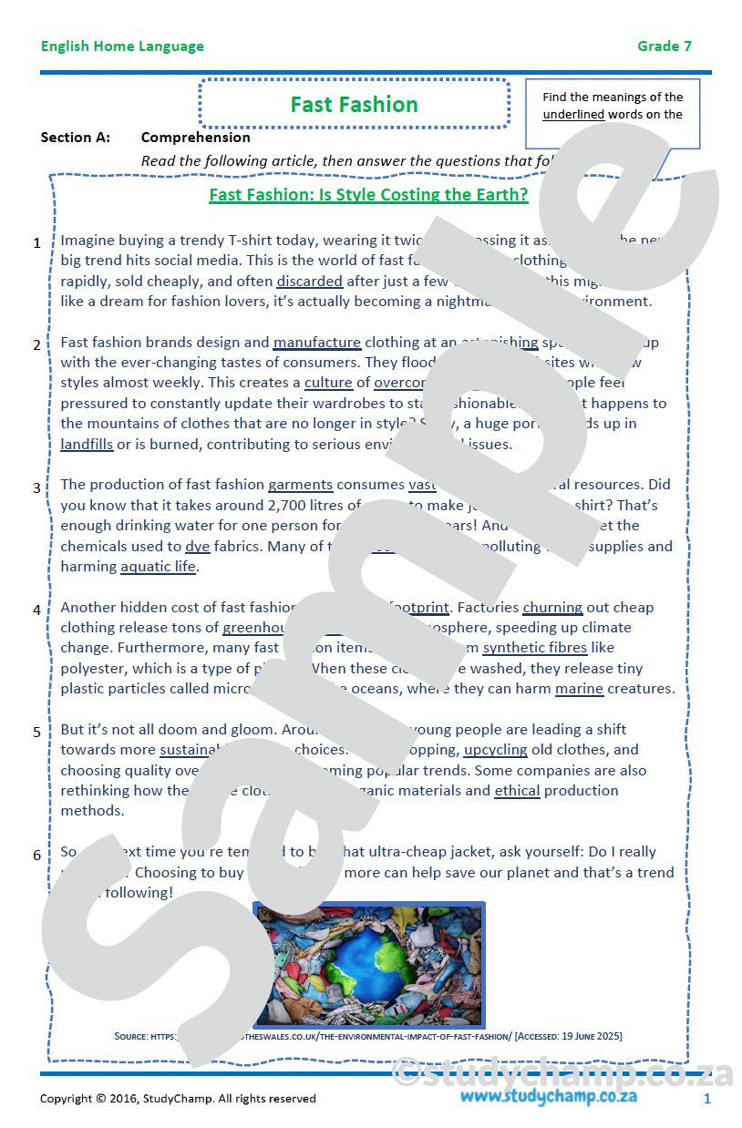 Grade 7 English Comprehension: Fast Fashion