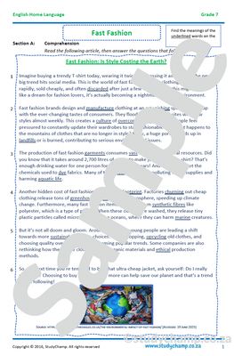 Grade 7 English Comprehension: Fast Fashion