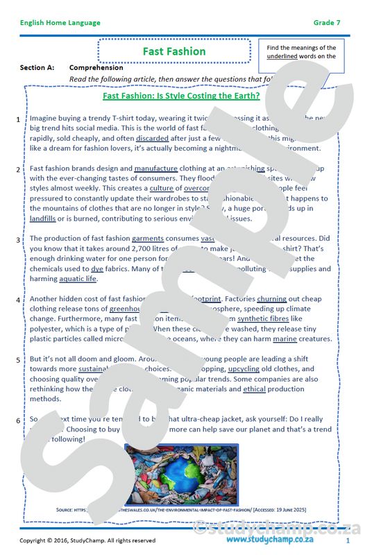 Grade 7 English Comprehension: Fast Fashion
