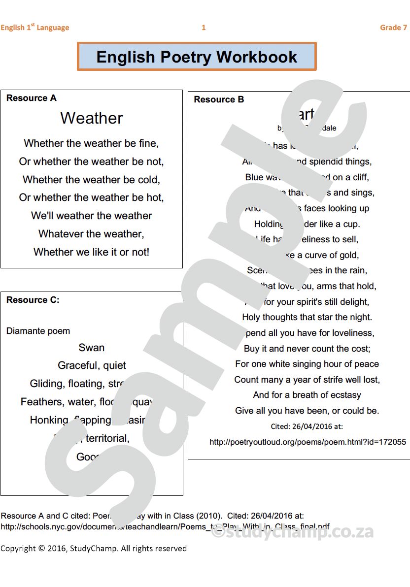 Grade 7 English workbook: Poetry