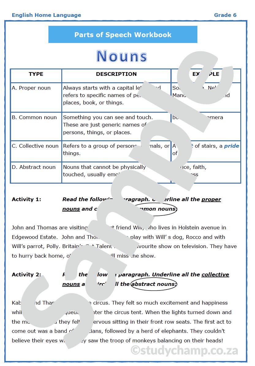Grade 6 English Worksheet: Parts of Speech
