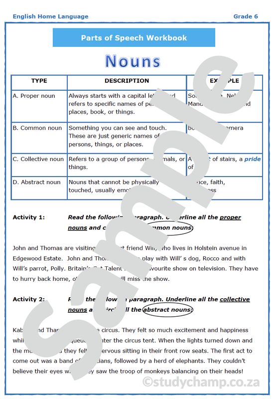 Grade 6 English Worksheet: Parts of Speech