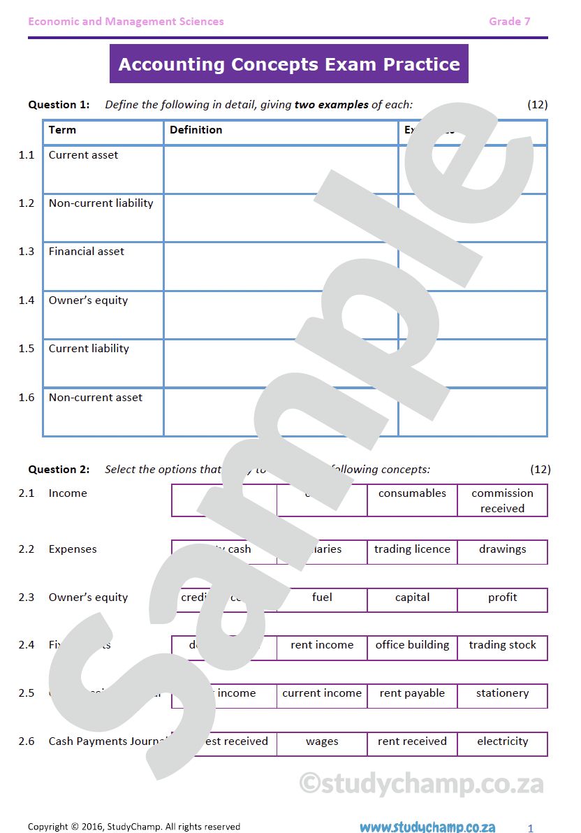 Grade 7 EMS Year-Exam Revision: Accounting concepts