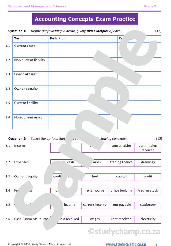 Grade 7 EMS Year-Exam Revision: Accounting concepts