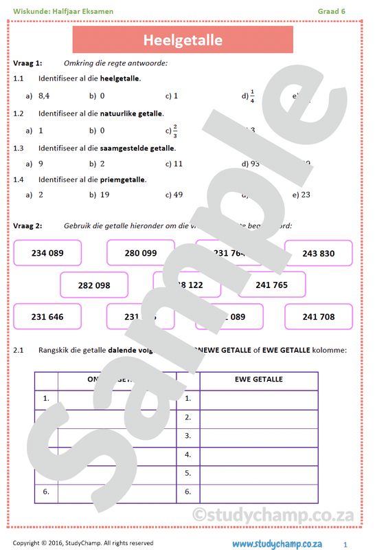 Graad 6 Wiskunde Halfjaar Hersiening: Werkboek 1