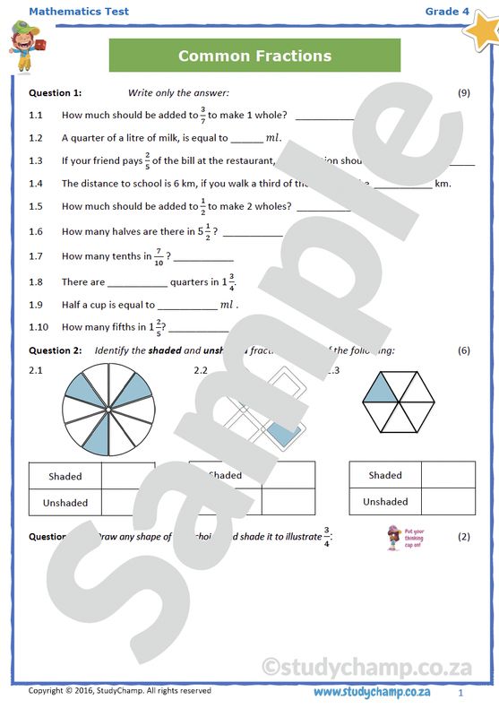 Grade 4 Maths Test: Common Fractions