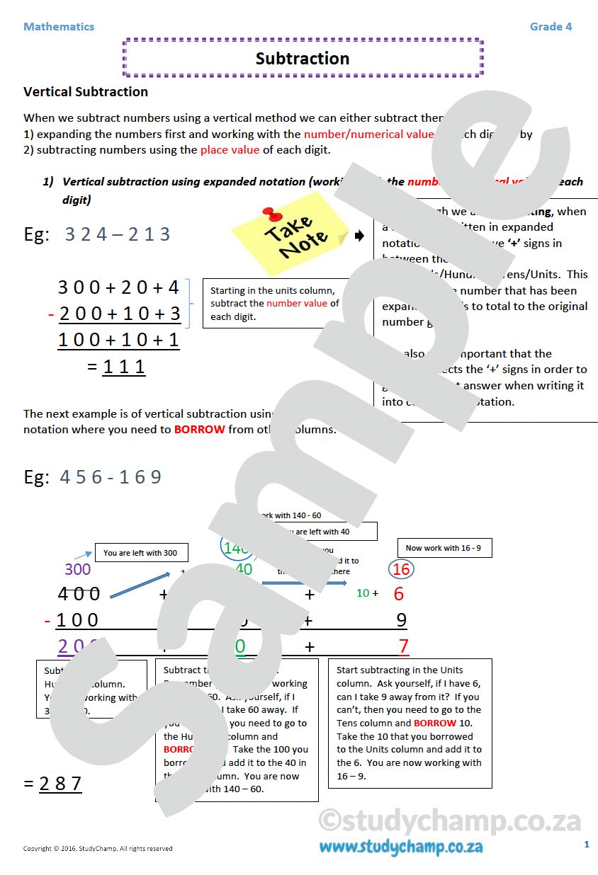 Grade 4 Mathematics worksheet: Subtraction