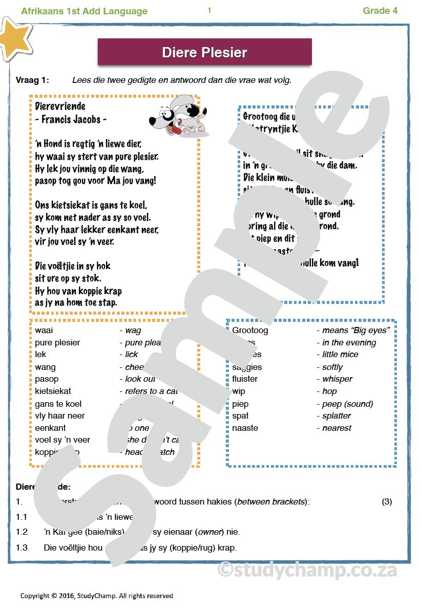 Grade 4 Afrikaans Toets: Diere Plesier