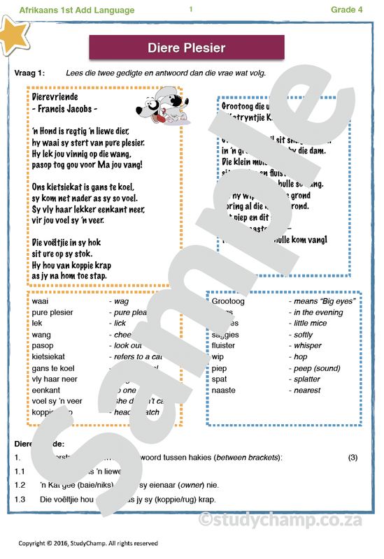Grade 4 Afrikaans Toets: Diere Plesier