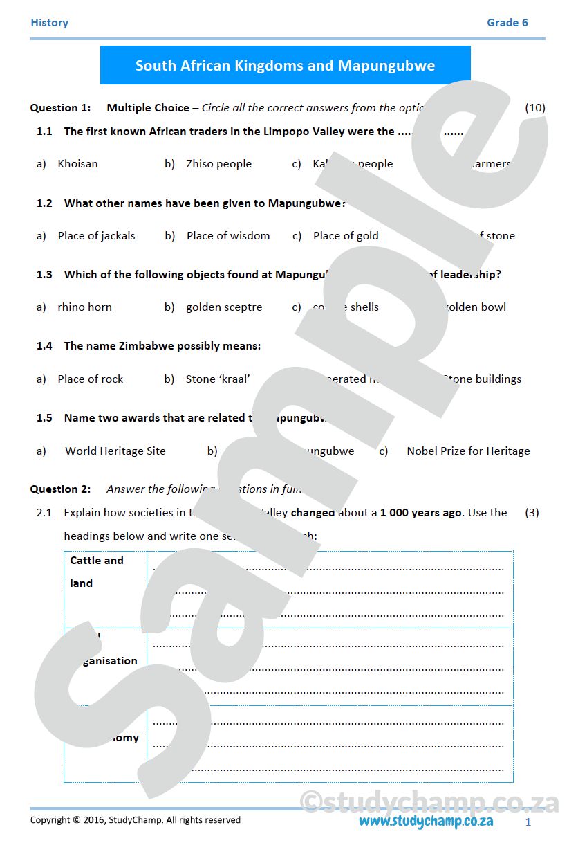 Grade 6 History Mid-year Exam Revision workbook