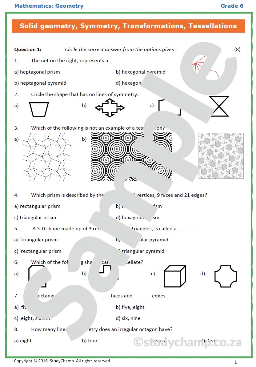 Grade 6 Maths Test: Geometry - Solids, Transformations and Symmetry
