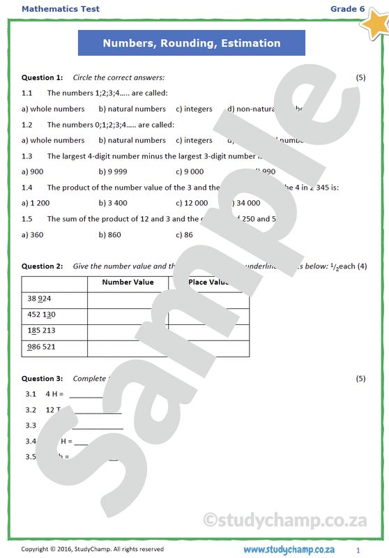 Grade 6 Maths Test: Whole Numbers, Rounding and Number concepts