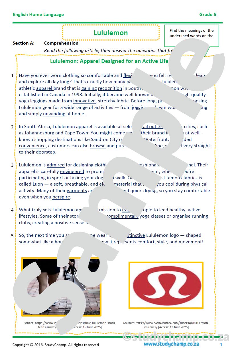 Grade 5 English Comprehension: Lululemon