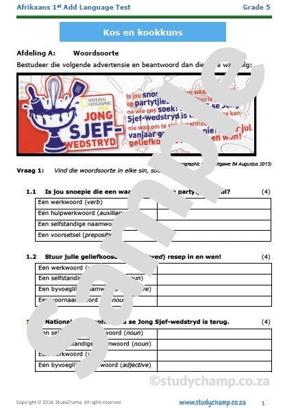 Grade 5 Afrikaans Toets: Kookkuns