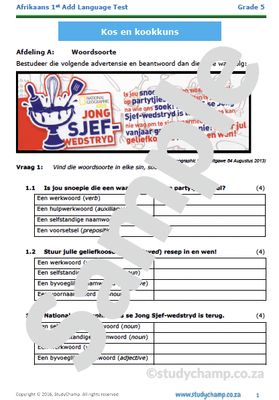 Grade 5 Afrikaans Toets: Kookkuns