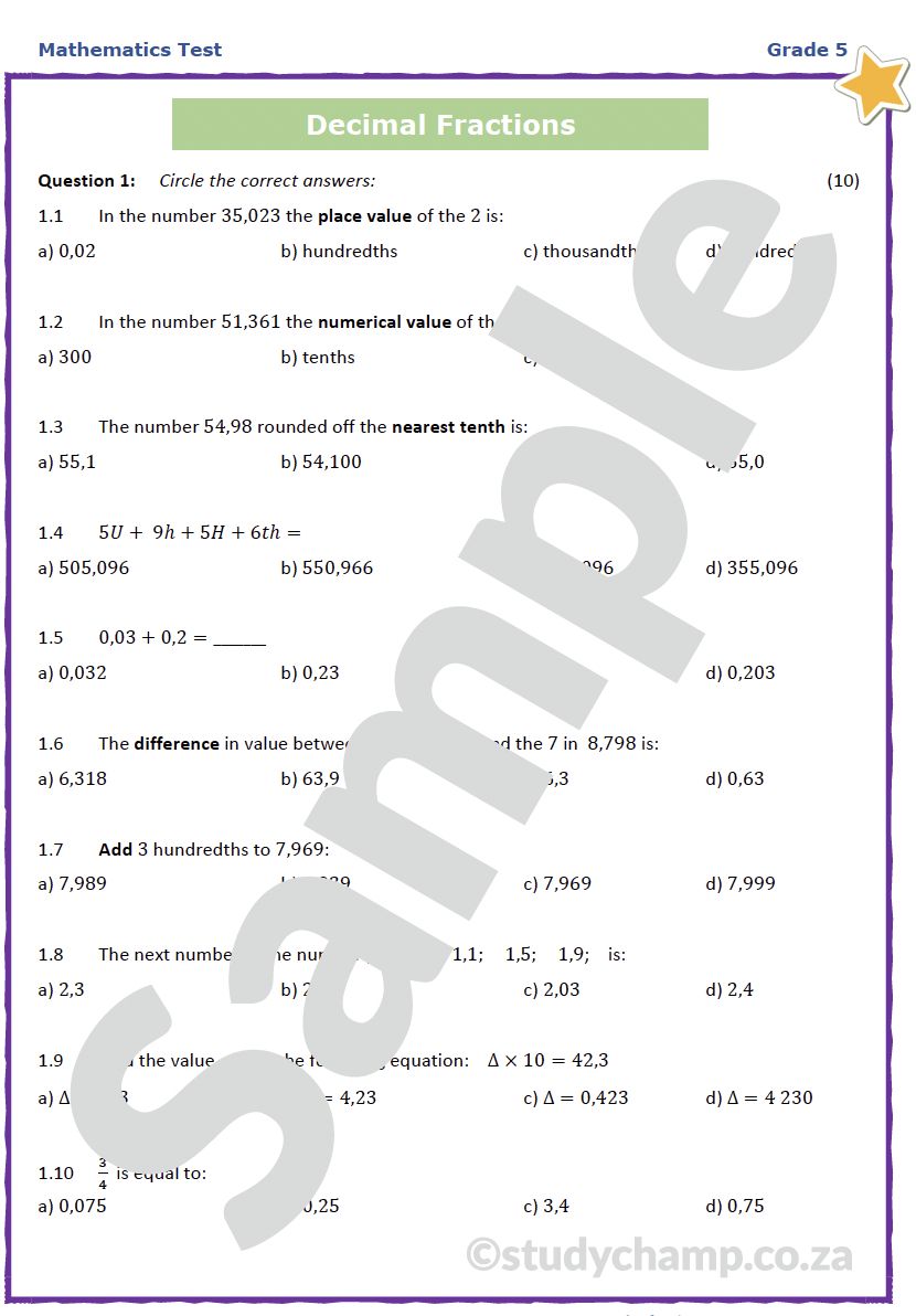 Grade 5 Mathematics Test: Decimal Fractions