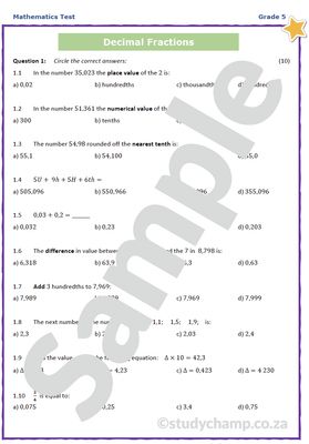 Grade 5 Mathematics Test: Decimal Fractions