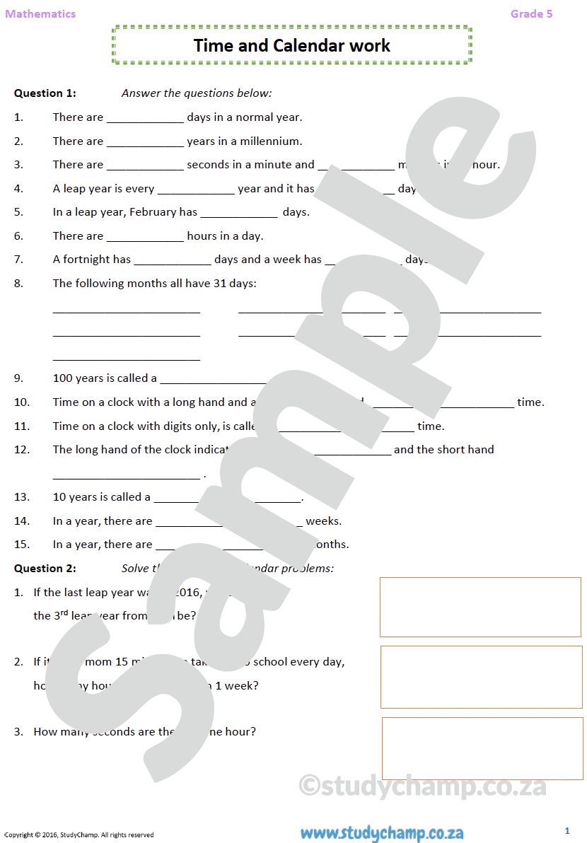 Grade 5 Mathematics Worksheet: Time and Calender