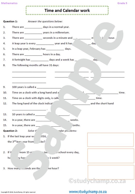 Grade 5 Mathematics Worksheet: Time and Calender