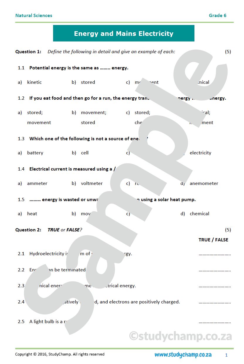 Grade 6 Natural Sciences Test: Energy and Mains Electricity