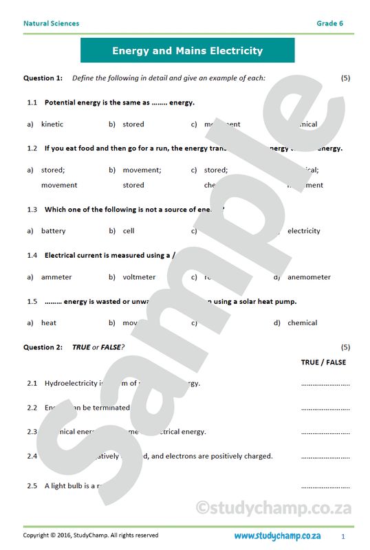Grade 6 Natural Sciences Test: Energy and Mains Electricity