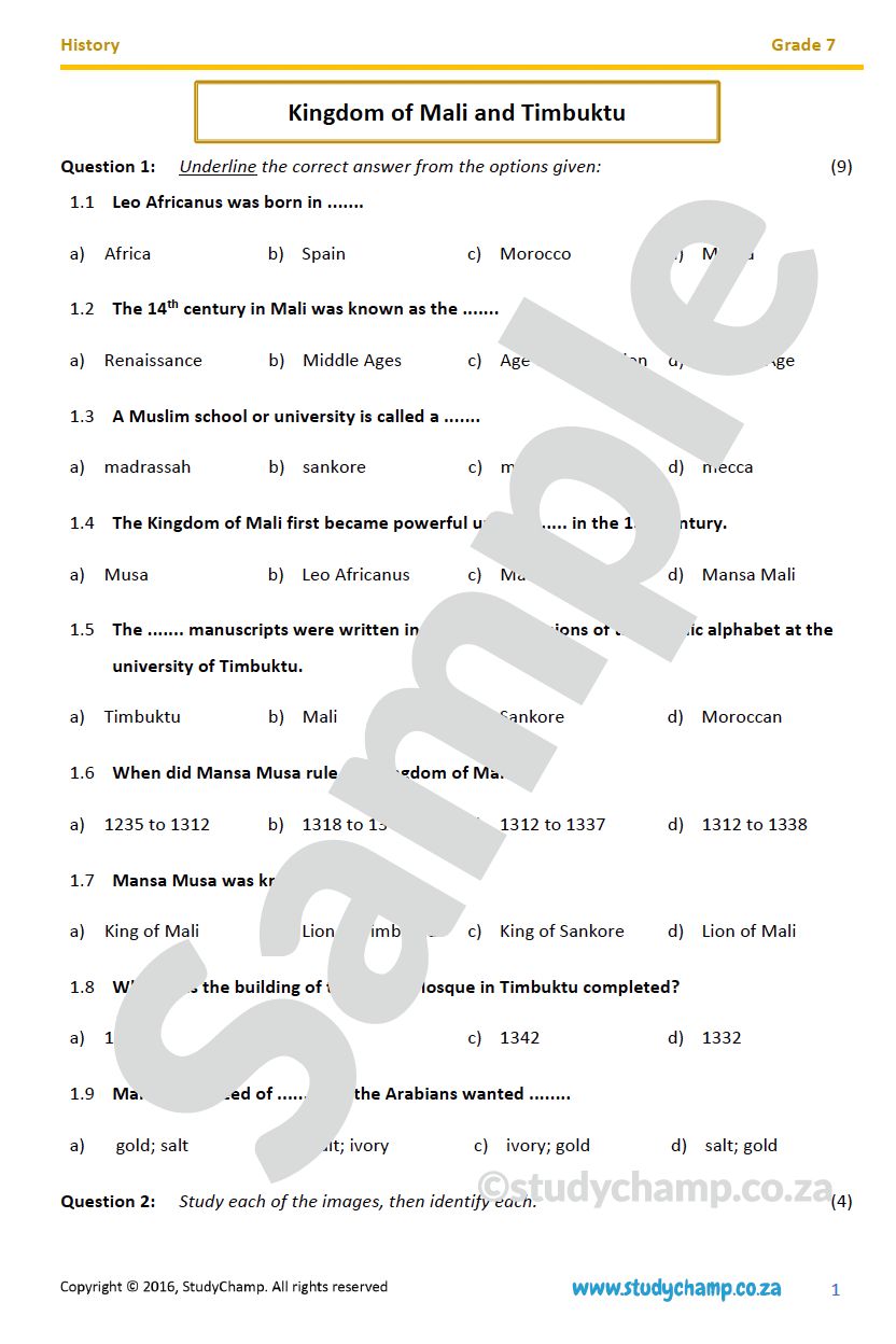 Grade 7 History Test: Kingdom of Mali and Timbuktu