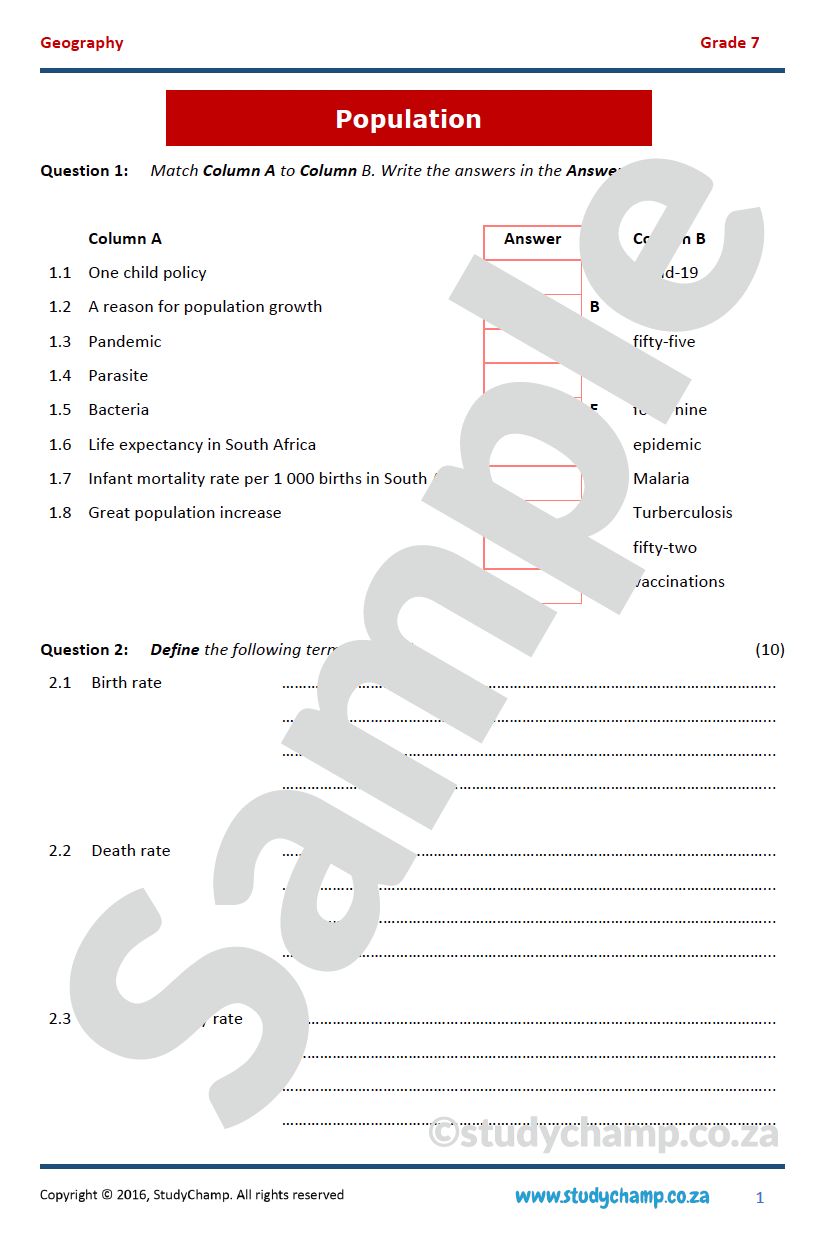 Grade 7 Geography Test: Population growth and change