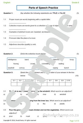 Grade 8 English Worksheet: Parts of Speech