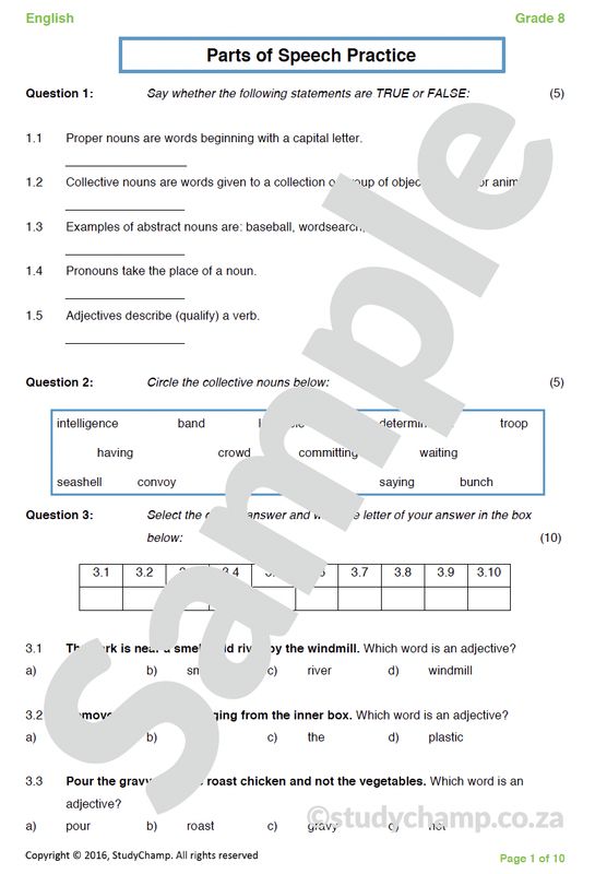 Grade 8 English Worksheet: Parts of Speech