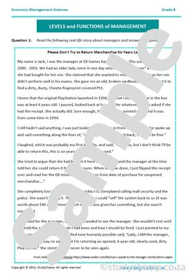 Grade 8 EMS Test: Levels and Functions of Management