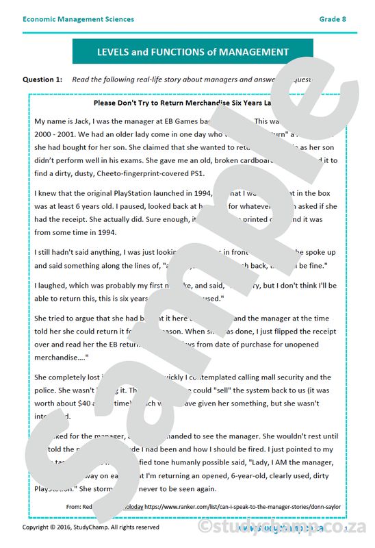 Grade 8 EMS Test: Levels and Functions of Management
