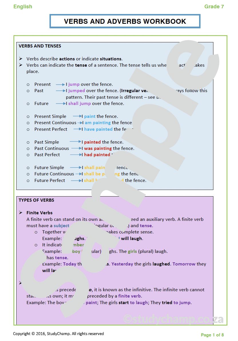 Grade 7 English Worksheet: Verbs and Adverbs