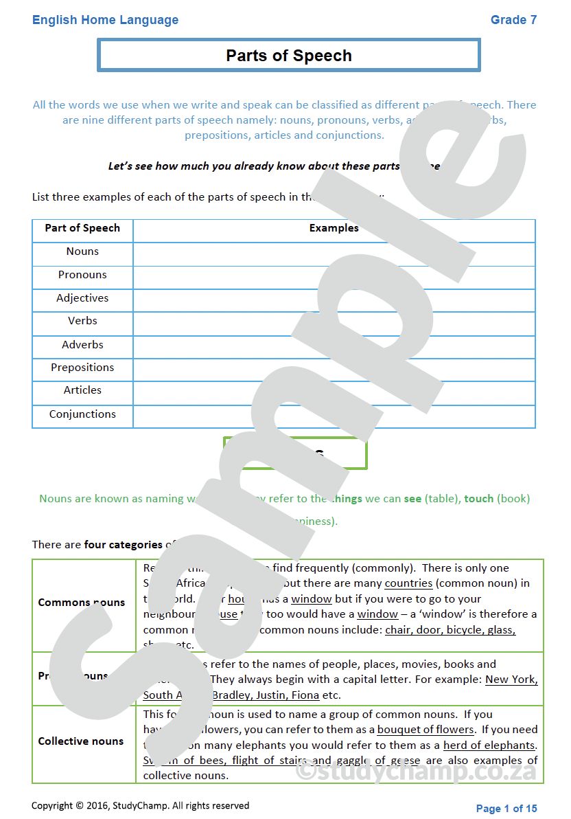 Grade 7 English Worksheet: Parts of Speech
