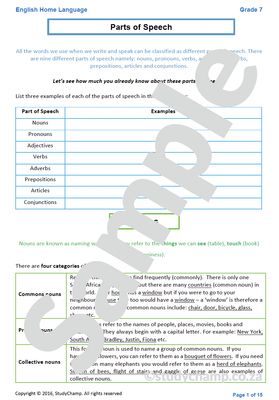 Grade 7 English Worksheet: Parts of Speech