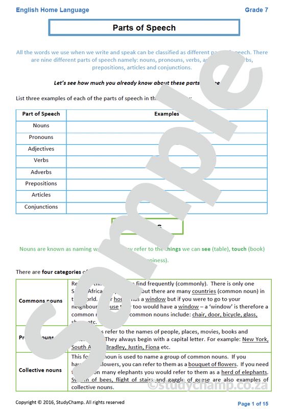 Grade 7 English Worksheet: Parts of Speech