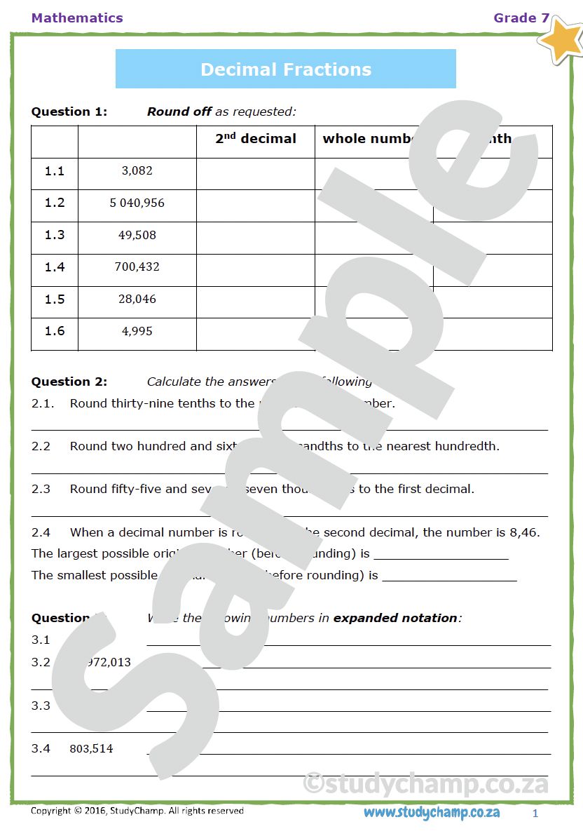 Grade 7 Mathematics Worksheet: Decimal Fractions