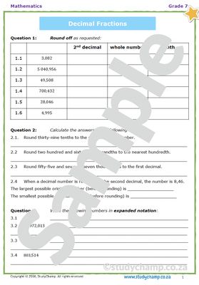 Grade 7 Mathematics Worksheet: Decimal Fractions