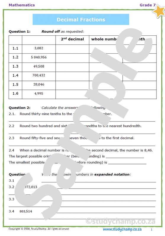 Grade 7 Mathematics Worksheet: Decimal Fractions