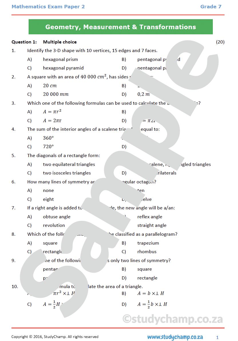Grade 7 Mathematics Year-end Exam: Practice paper 2
