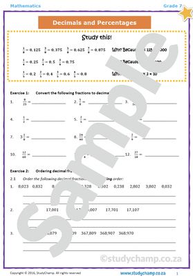 Grade 7 Mathematics Worksheet: Decimal and Percentages