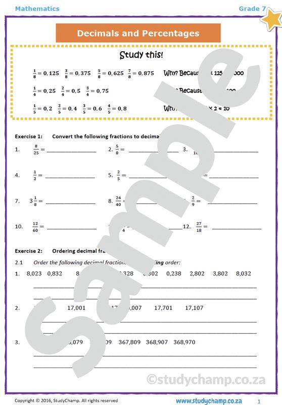 Grade 7 Mathematics Worksheet: Decimal and Percentages