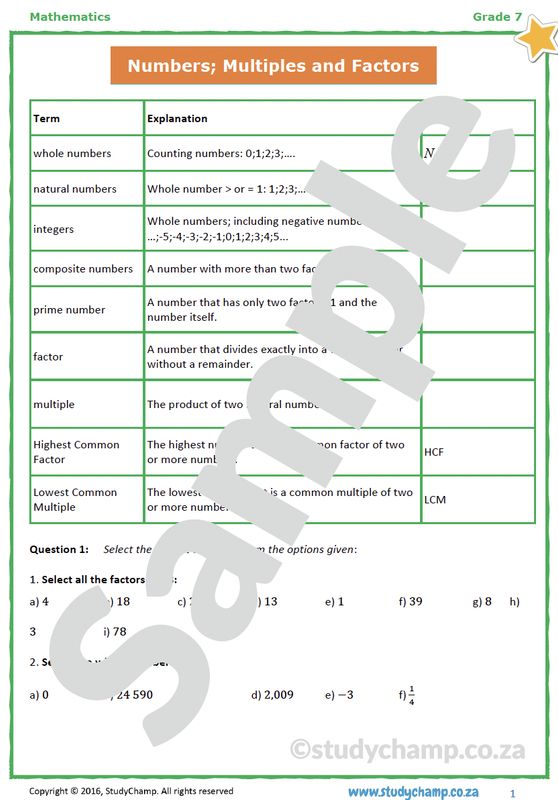 Grade 7 Mathematics Worksheet: Numbers, Factors and Multiples