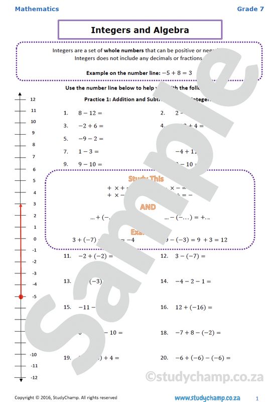 Grade 7 Mathematics Worksheet: Integers and Algebra